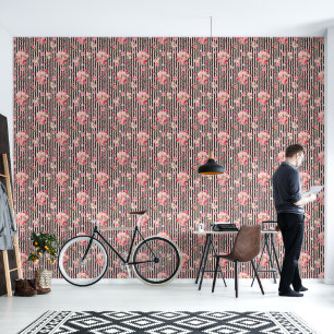 Papier Peint Pink Coquette Bow Roses Vintages Black Stripes