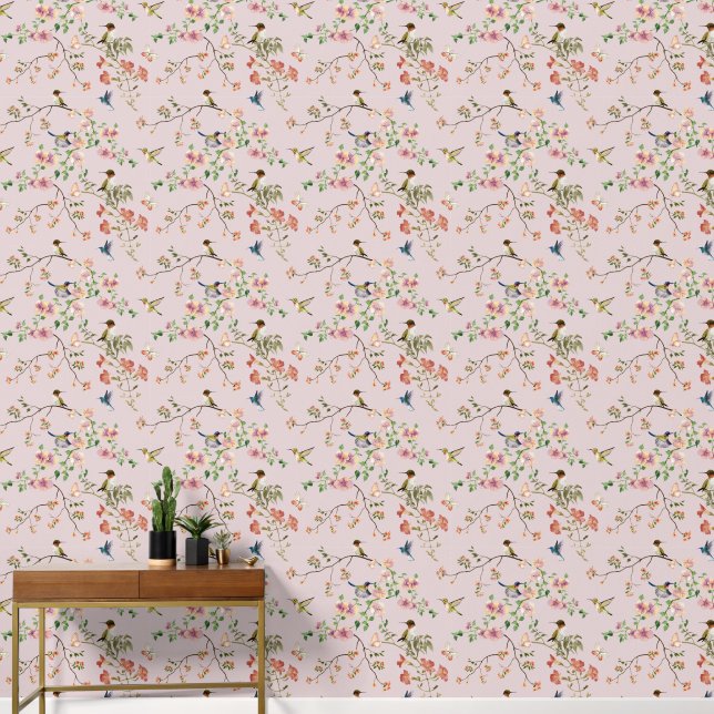 Papier Peint Pink Floral and Background With Hummingbirds (Couloir)