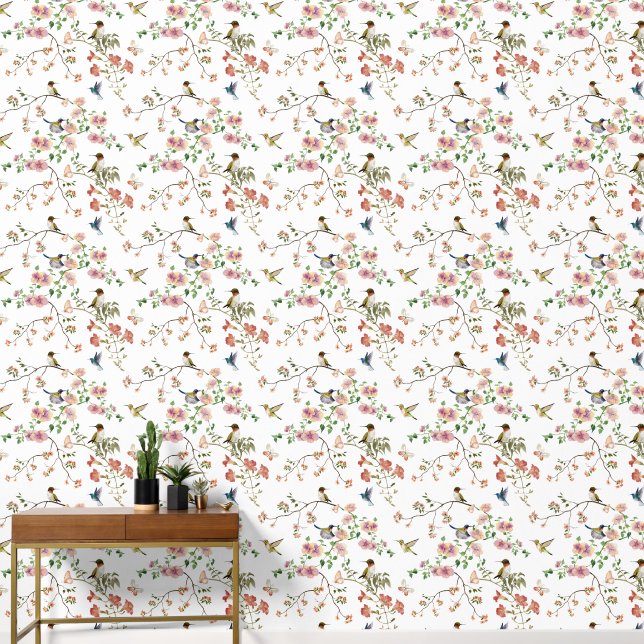 Papier Peint Pink Floral and White Background With Hummingbirds (Couloir)