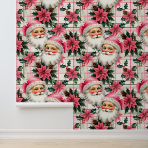 Papier Peint Pink Retro Santa Claus Noël Floral Plaid