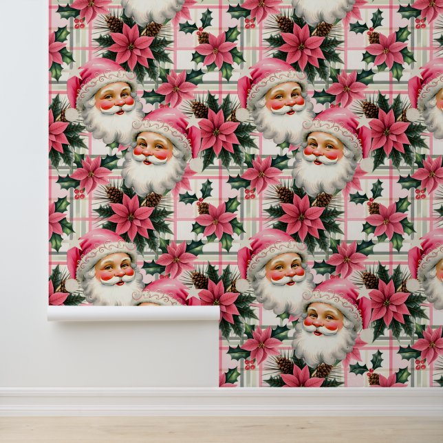 Papier Peint Pink Retro Santa Claus Noël Floral Plaid (Application)