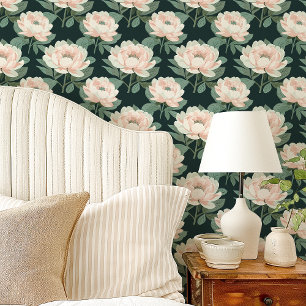 Papier Peint Pivoines Rose Pâle sur Fond Floral Vert