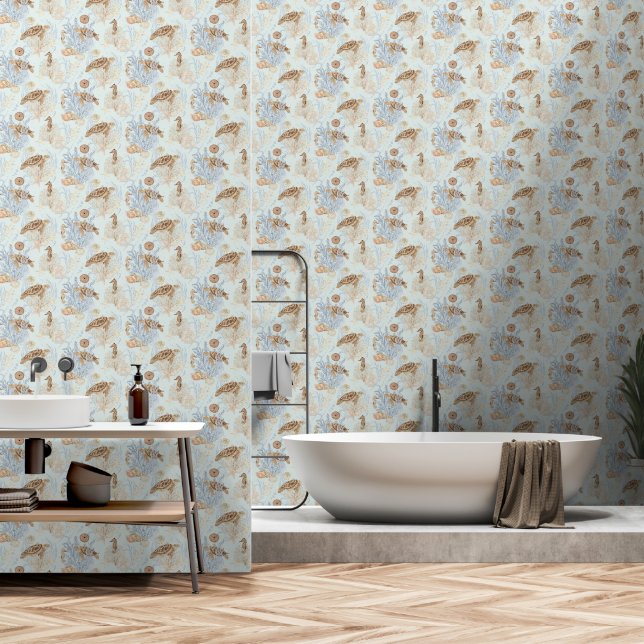 Papier Peint Plage Côté Hippocampe Tortue bleu Starfish (Salle de bain)