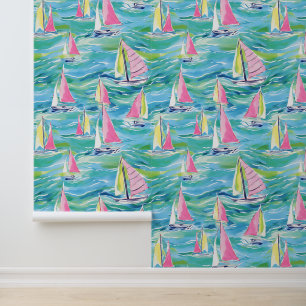 Papier Peint Plage de Palm Preppy Colorée Aquarelle Bateaux à v