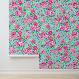 Papier Peint Plage de Preppy Palm Rose & Aqua Fleurs