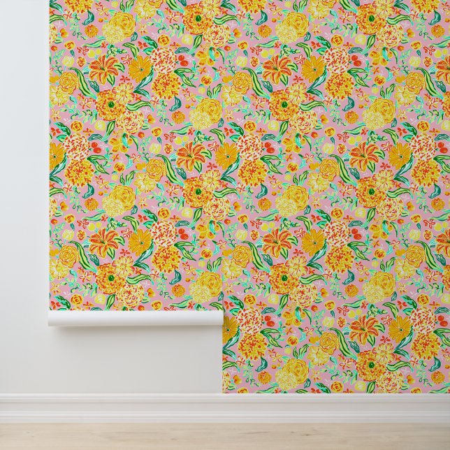 Papier Peint Plage de Preppy Palm Rose & Orange Fleurs (Application)