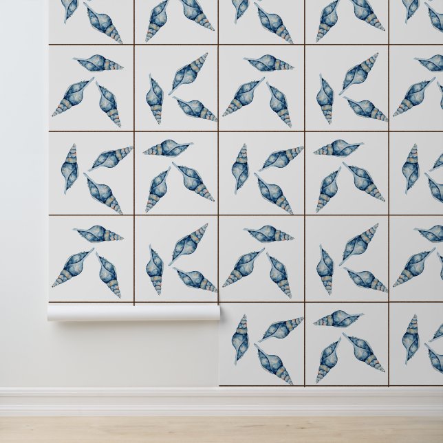 Papier Peint Plage Nautique Bleu Coquillages Blanc Faux Carreau (Application)