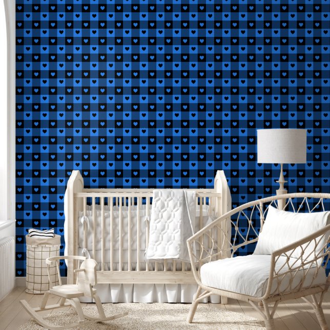 Papier Peint Plaid & Coeurs mignon Amusant Black & Blue Boys Nu (Enfants)