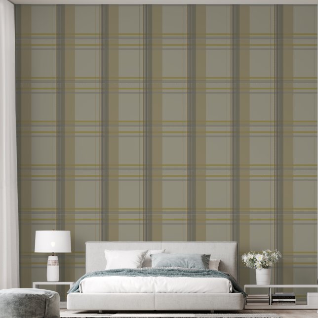 Papier Peint plaid en or, cuivre argenté, gris & beiges (Chambre à coucher)