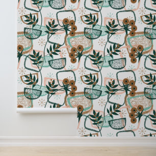 Papier Peint Plantes et pots Aqua Beige Style mi-siècle