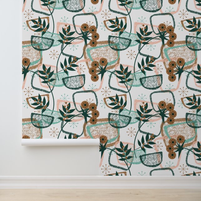 Papier Peint Plantes et pots Aqua Beige Style mi-siècle (Application)