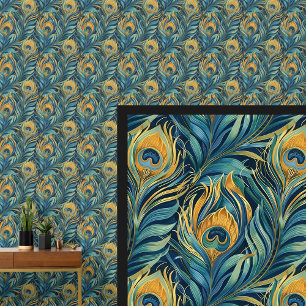 Papier Peint Plumes Aqua & Gold Peacock