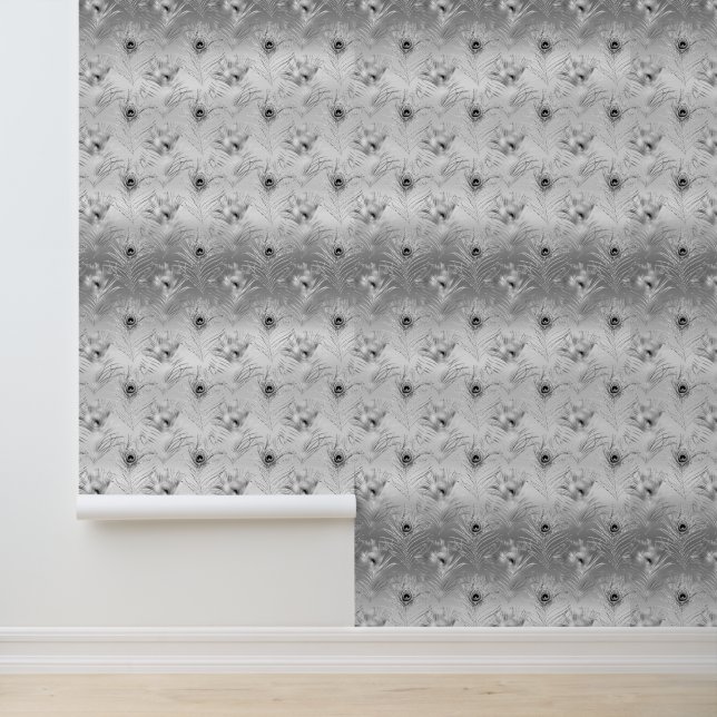 Papier Peint Plumes Peacock Argent (Application)