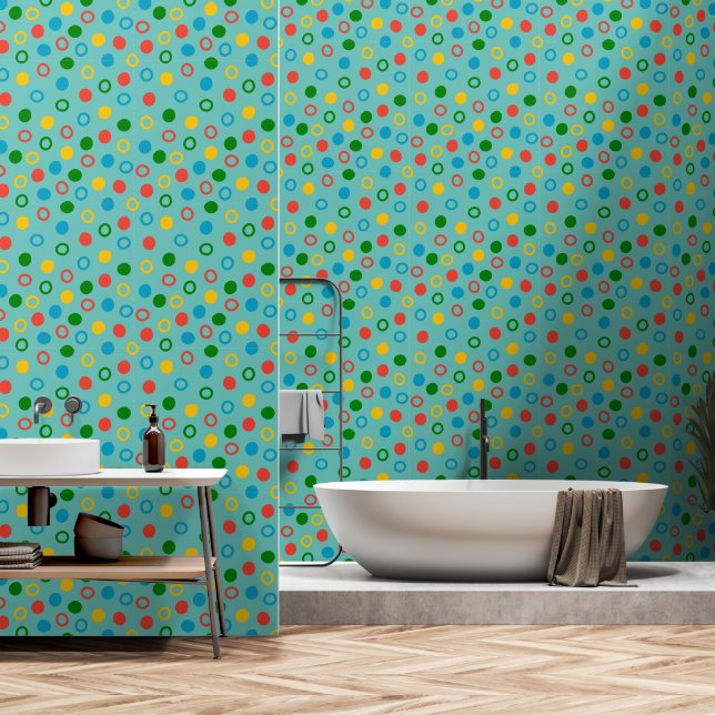 Papier Peint Poche moderne du milieu du siècle pois turquoise p (Salle de bain)