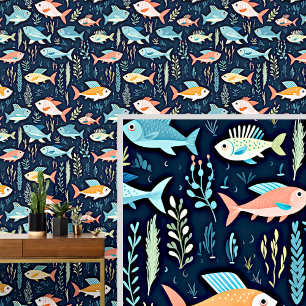Papier Peint Poisson bleu et orange nageant sur fond bleu foncé