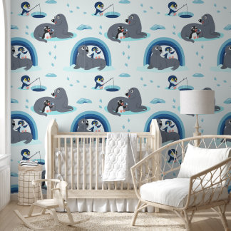 Papier Peint Polar Pals - cute cartoon penguins and seals
