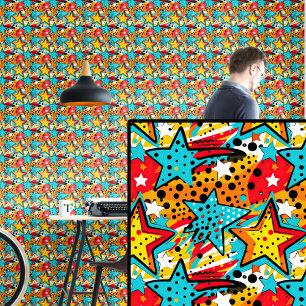 Papier Peint Pop Art Stars Aqua Blue Red Yellow