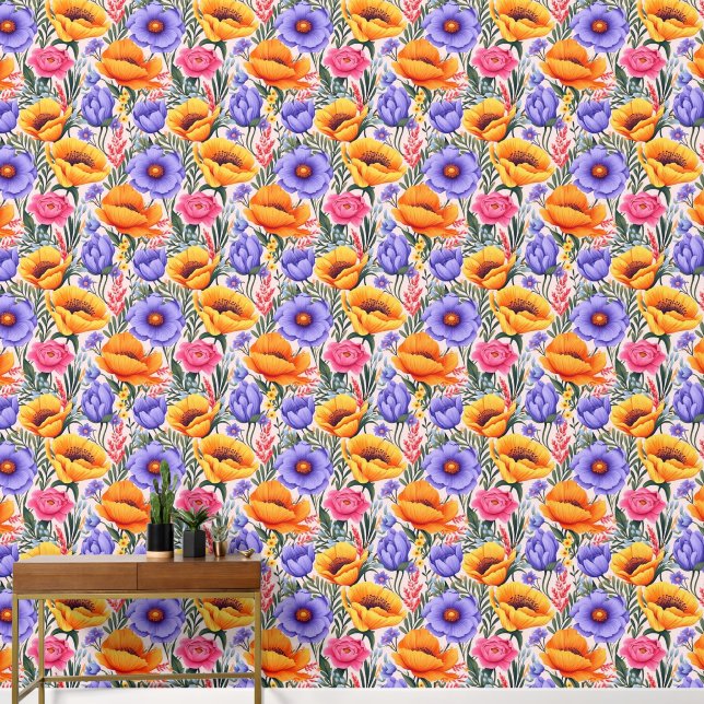 Papier Peint Poppies violettes et jaunes gras et brillants (Couloir)