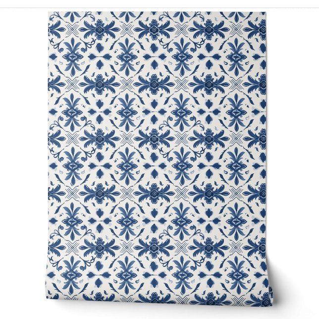 Papier Peint Portugais Azulejo Essence Petite - Bleu & Blanc (Déroulement)