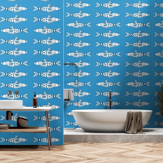 Papier Peint Portugais Lisbonne Sardines Motif Azulejos Bleu (Salle de bain)