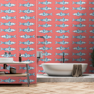 Papier Peint Portugais Lisbonne Sardines Motif Azulejos rose