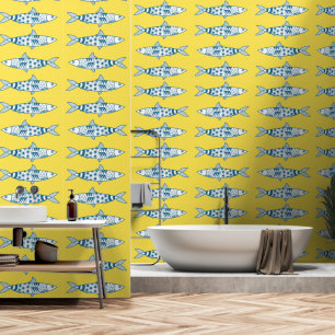 Papier Peint Portugais Lisbonne Sardines Motif Jaune Azulejos