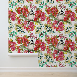 Papier Peint Poulet D'Aquarelle Sur Branche Florale Rose