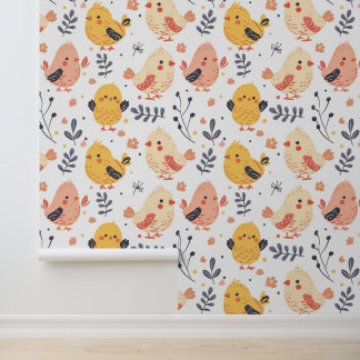 Papier Peint Poussins de printemps mignons et motif floral
