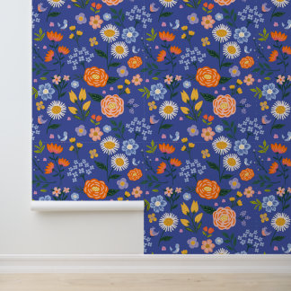 Papier Peint Prairie Botanique Bleue Fantaisiste & Oiseaux Folk