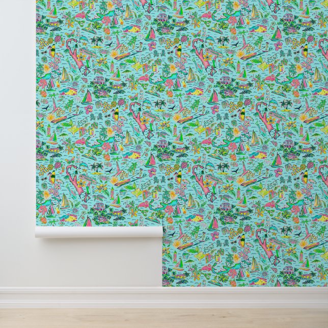 Papier Peint Preppy Palm Beach Aqua Bermuda Imprimer (Application)