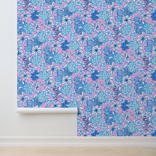 Papier Peint Preppy Palm Beach Blue & Lavender Turtles (Application)