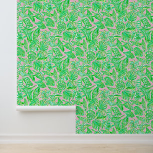 Papier Peint Preppy Palm Beach Coquillages rose et vert