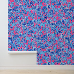 Papier Peint Preppy Palm Beach Eléphants rose et bleu