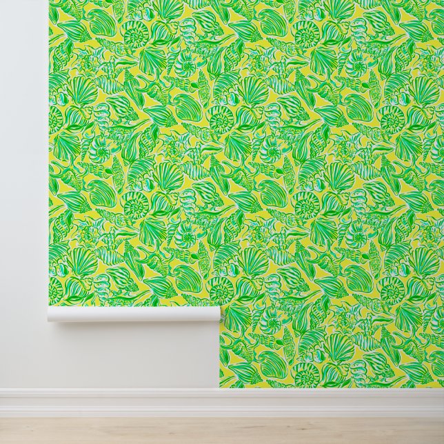 Papier Peint Preppy Palm Beach Jaune & Coquillages verts (Application)