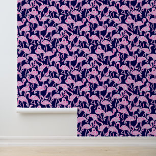 Papier Peint Preppy Palm Beach Navy & Flamants roses roses