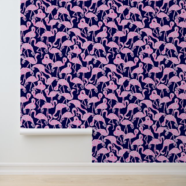 Papier Peint Preppy Palm Beach Navy & Flamants roses roses (Application)