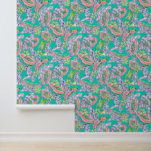 Papier Peint Preppy Palm Beach Tigers Turquoises & Papayas