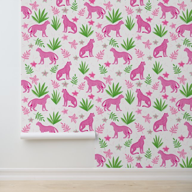 Papier Peint Preppy Pink Cheetah Blanc Floral Arrière - plan (Application)