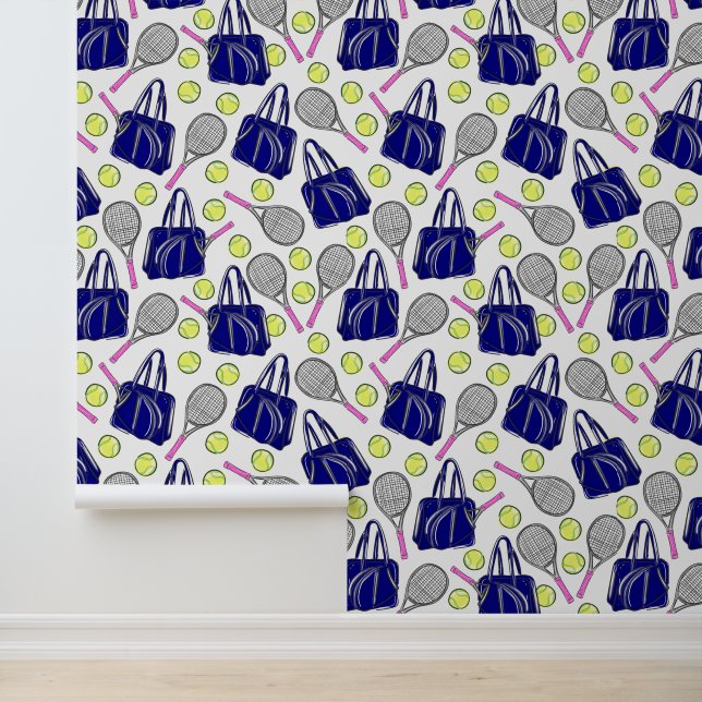 Papier Peint Preppy Tennis Rose Racquettes Marine Bag Balls (Application)