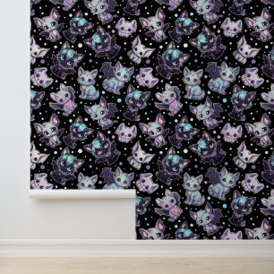 Papier Peint Purple et Turquoise Kawaii Chat Bat Cute Gothique