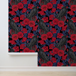 Papier Peint Ravages et roses avec des feuilles bleu foncé