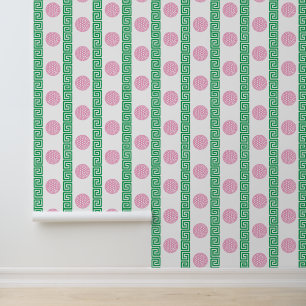 Papier Peint Rayure à clé grecque Preppy Golf en rose et vert