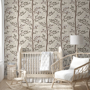 Papier Peint Rayure florale Japandi terreuse