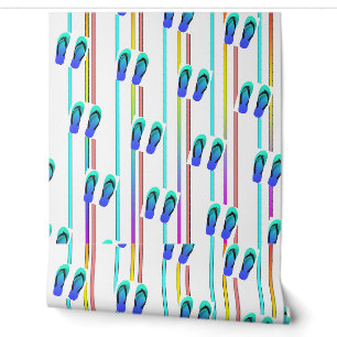 Papier Peint Rayures arc-en-ciel + Tongs bleues Enfants