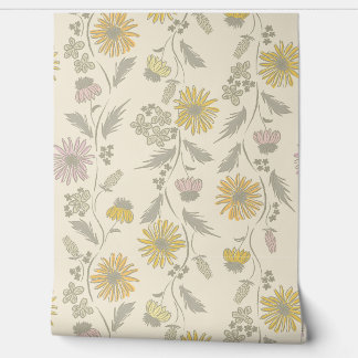 Papier Peint Rayures de fleurs sauvages - Rose et vert gris