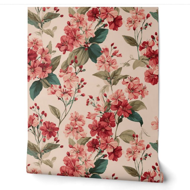Papier Peint Red on Pink Hibiscus Floral  (Déroulement)