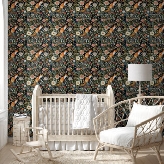 Papier Peint Renard lunaire et fleurs amovibles