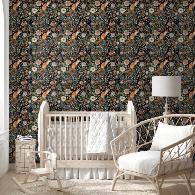 Papier Peint Renard lunaire et fleurs amovibles (Enfants)