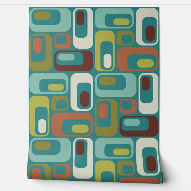 Papier Peint Retro Mod Ovals Coussin Turquoise Aqua Green Brown (Déroulement)