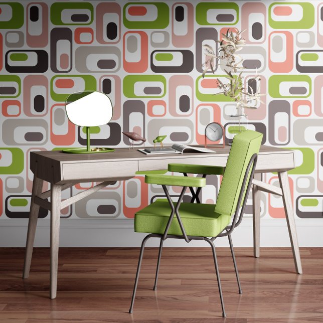 Papier Peint Retro Mod Ovals Salmon Blush Pink Rose Taupe Green (Créateur téléchargé)